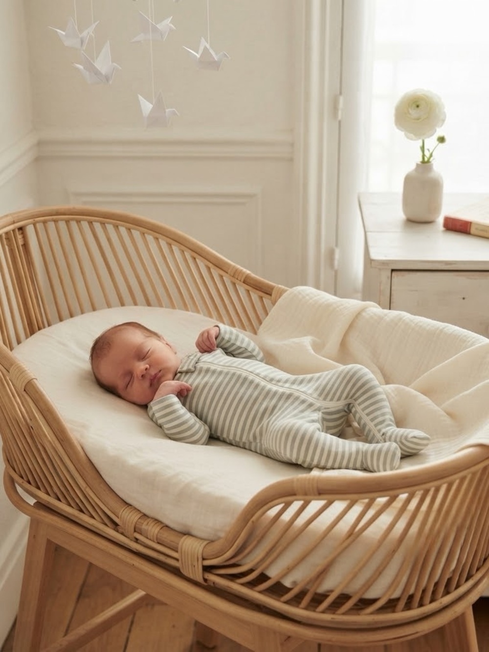 Quincy Mae Dusty Sage Cream Stripe 2-Way Zipper Footed Sleeper